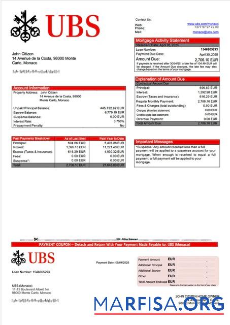Blank Monaco UBS (Monaco) mortgage statement Word and PDF template